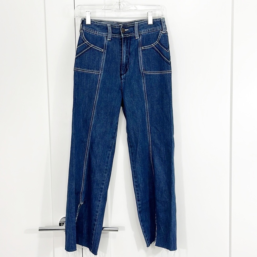 Free People Size 25 Blue Split Hem Straight Jeans with Contrasting Stitching